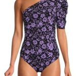 Free People  Purple Floral One Shoulder Puff Sleeve Thong Bodysuit Women's Size M Photo 0