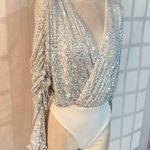 Lovers + Friends Silver Sequin Ginger Faux Wrap Open Back Bodysuit Small Photo 4
