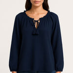 Just living Navy Cotton Gauze Peasant Blouse M Boho Forest Fairy Coastal Slub Photo 0