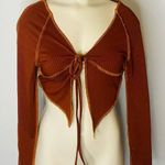 SheIn Crop Top Womens SMALL Rust Orange Ribbed Tie Front V-Neck Long Sleeve Photo 0