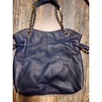 Tory Burch Navy Leather Marion Slouchy Tote Bag Purse Gold Chain & Wallet EUC Photo 4