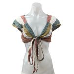 Free People 100% Linen Multicolor Striped Tie Front Short Sleeve Crop Top Size S Photo 0