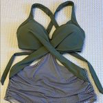 Medium Olive Sage Green Black White Striped Monokini One Piece Swimsuit Photo 1