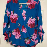 West Kei Turquoise Blue Floral Women's Faux Wrap 3/4 Sleeve Blouse Photo 0