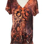 One World X-Large Top Geometric Sublimation Stretch Ruffled V-Neck Cap Sleeve Photo 0