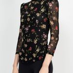 Catherine Malandrino  Women’s Lined Mesh Blouse Black Floral 3/4 Puff Sleeves Sz Small - EUC Photo 6