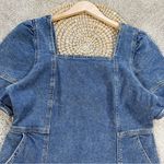 SO  Women’s Denim Mini Dress Square Neck Puff Sleeve Smocking Panels Size L Photo 4