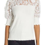 Elie Tahari White Floral Crochet Puff Sleeve Sweater Feminine Soft Coquette Girl Photo 0