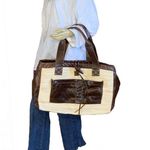 THREADS OF EVOLUTION "WANDERLUST" WEEKENDER BAG CREAM CHINDI RUG & BROWN LEATHER Photo 0
