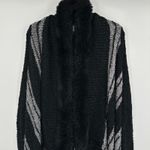 Venus Open Front Cardigan Sweater S Black Gray Stripe Fuzzy Trim Knit Photo 1