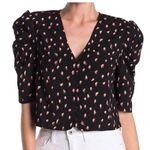 Free Press NEW Size XL Printed Black Cropped Puff Sleeve Top Photo 0