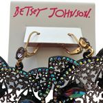Betsey Johnson  Pink Glitter Rhinestone Cat Drop Earrings Nwt Rare Photo 2