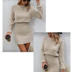 252. Solid Drop Shoulder Ribbed Knit Sweater Dress | Cozy Stretchy Long Sleeve Tan Size M Photo 2