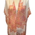 Woven Heart Kimono‎ Cover Up Shawl Duster Boho Festival Paisley Print Tassels Cream Pink Photo 0