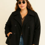 Nuvano Black Double Breasted Pea Coat‎ Jacket Leopard Lining 2X Size XXL Photo 0