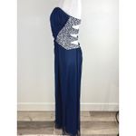 XScape Elegant Navy Blue Strapless Ruched Gown Embellished Waist Long Formal Evening Photo 2