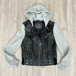 Last Kiss  Y2K Black Leather Hybrid Gray Hooded Zip Moto Jacket Size Medium Photo 6