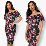 Boohoo FLORAL OFF THE SHOULDER FRILL MIDI DRESS Size 14 NWT Photo 8