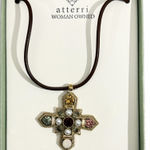 NWT Atterri Genuine Leather Necklace with Jeweled Cross Pendant Brown Photo 0