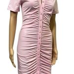 Pink Ruched Bodycon Full Button Front Short Sleeve Mini Dress Womens Small Size M Photo 0