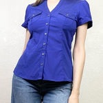 EXPRESS Elite Stretch Royal Blue Fitted Preppy Short Sleeve Button Up Shirt Photo 0