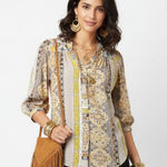 Anthropologie Fig & Flower Print Button 1/2 length Sleeve Blouse Top S Small Photo 0