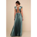 Lulus NWT  Exceptional Drama Sage Green Satin Lace-Up Pleated Maxi Dress Bride M Photo 2