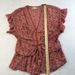 Max Studio L Large Top Blouse Scarlet Red Daisy Floral Ruffled Sleeve Tie Photo 11