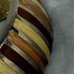 Vintage Hinged Clamper Bangle Bracelet Multicolor Inlay Metal Earth Tone Colors Brown Photo 11
