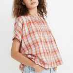 Madewell  Plaid Shirred Neck Boxy Top Cotton Short Sleeve Orange Oversized XXS Photo 1