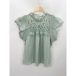 Mine Top Women MEDIUM NWT Mint Sage Green Short Sleeve Ruffle Neck Lace Yoke Photo 8