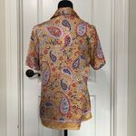DR2 Womens Shirt‎ S Yellow Paisley Satin Collared Short Sleeve Button Up NWT Photo 1