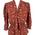 Monteau Floral Tie-Neck Blouse Peplum Brown Size Large NWT Photo 0