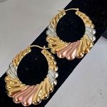 Gold Filled Tri Color Plated Scalloped Hollow Hoop Earrings Photo 0