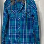 BKE Hoodie Plaid Cotton Pearl Snap shirt is a size Medium. Blue Photo 0