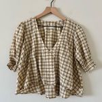 Urban Outfitters Vneck Puff Sleeve Blouse in Tan & Black Plaid - Size S Photo 3