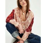 Free People  Western Bohemian Dainty Rose Bud Button Down Oversized Blouse Medium Photo 2