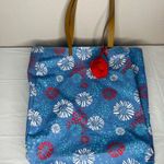 None Floral Red White And Blue Canvas Tote Bag Faux Leather Brown Handle Straps Photo 1