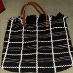 Black and White Woven Tote Bag with Tan Handles Photo 0
