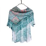 One World Pretty Color Wash Tee W/Detachable Paisley Scarf Small Bluish Green White Tee Photo 2