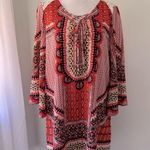 Fig and Flower Multicolored Retro Print 3/4 Bell Sleeve Shift Mini Dress Orange Photo 0