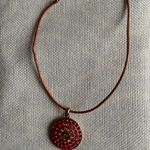 Vintage Red/Orange Crystal Round Metal Pendant on Brown Leather Necklace Red Photo 2