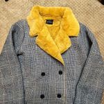 Dolce Cabo Black Herringbone Plaid Dad Oversized Boyfriend Yellow Gold Fur Coat Size M Photo 2