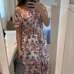 Women small Maxi off the shoulder flower dress elastic neckline waistband strap White Photo 1