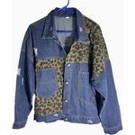 NWOT Leopard Panel Distressed Denim Button Jacket Washed Long Sleeve Coat XXL Blue Photo 4