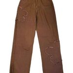 NWT ~ Brown Raw Edge Hem & Frayed Flowers Denim Jeans Pants ~ Women's MEDIUM Size undefined Photo 0
