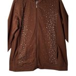 Quacker Factory Womens Top Size 1X Brown Rhinestones Zip Front Pockets Hood Photo 2