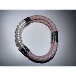 925 STERLING SILVER LEATHER AND PEARLS BRACELET BRAIDED PINK LEATHER 7.5" Photo 1