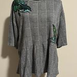 ZARA EUC Black and White Houndstooth Babydoll Blouse Leaf Patches size large Photo 0