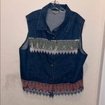Vintage Denim Vest with Lace Trim Crocheted Grandma Jean Jacket Size XL Photo 2
